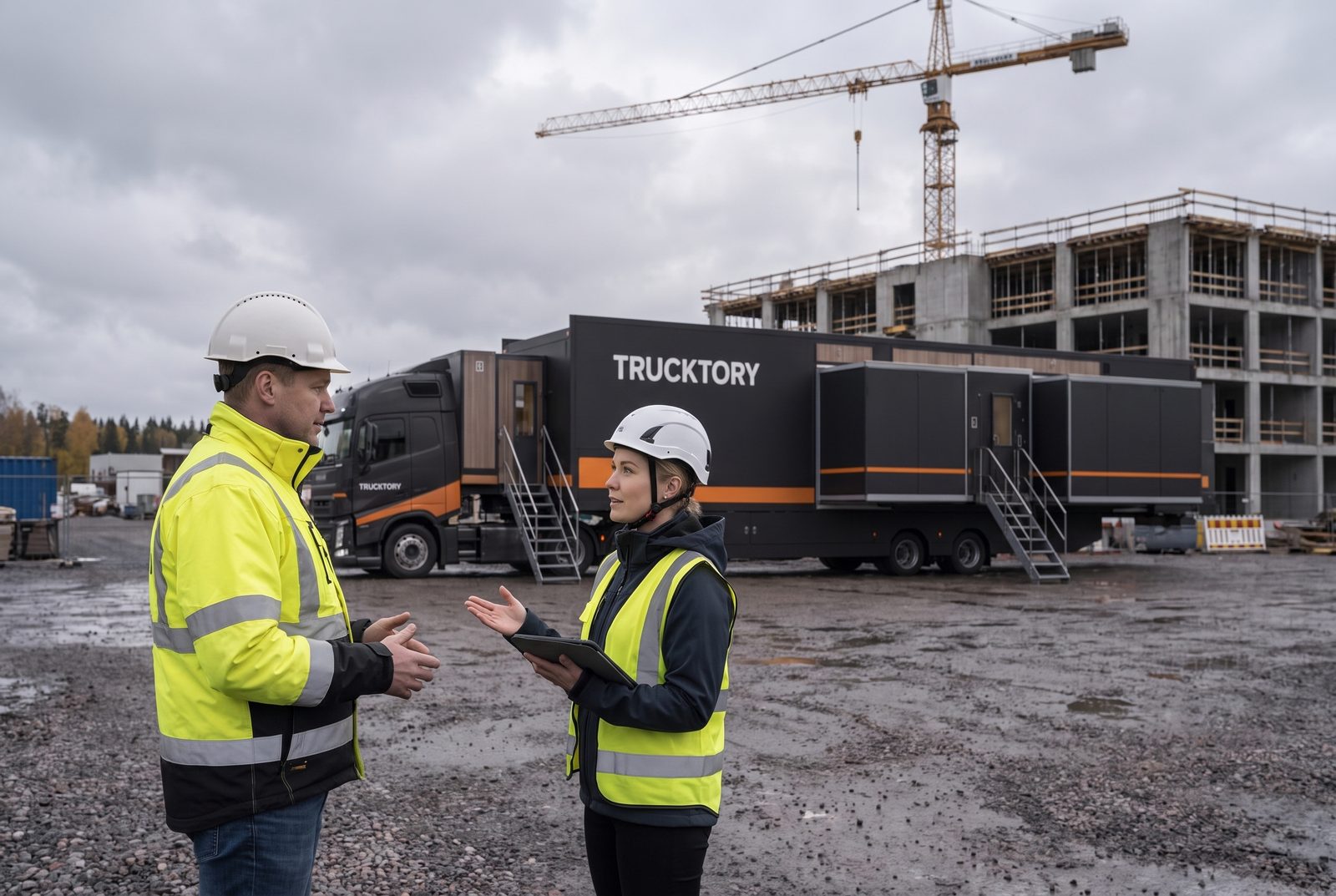 Työmaapäällikkö ja Trucktoryn edustaja keskustelevat työmaalla, taustalla Trucktory-rekka