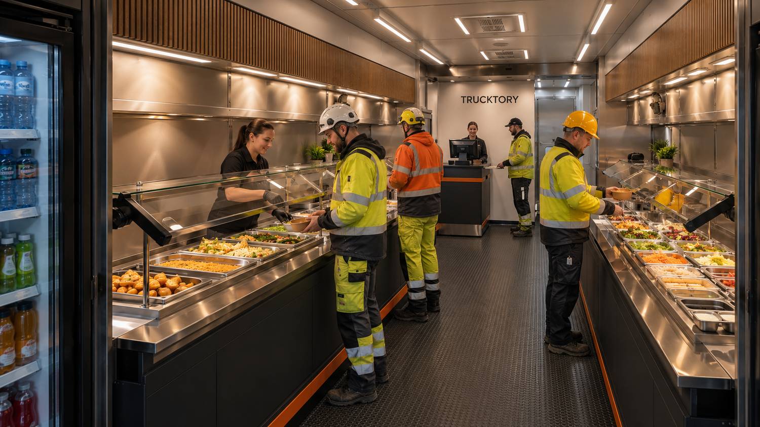 Työntekijät noutamassa ruokaa Trucktoryn linjastolta