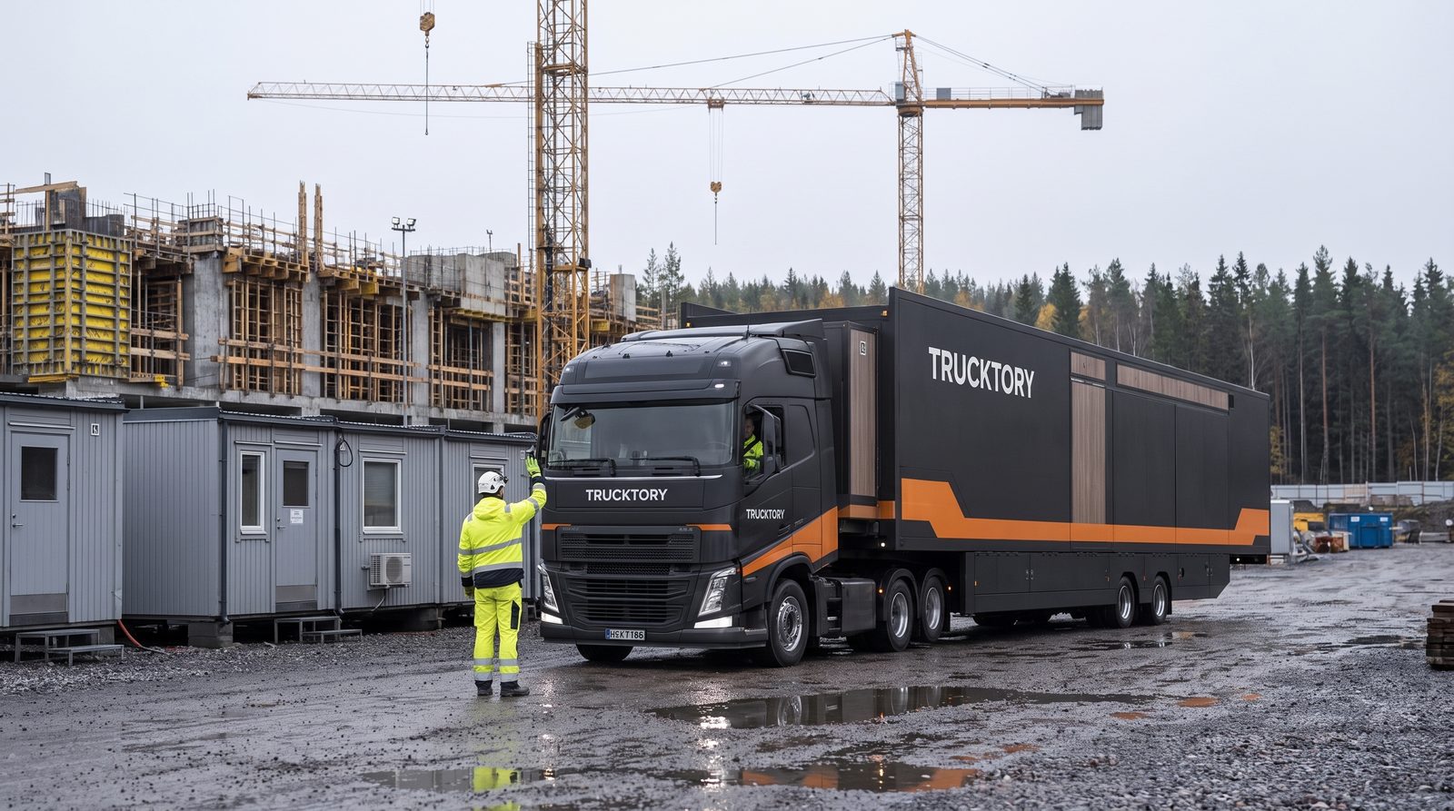 Trucktory-rekka peruutetaan paikalleen työmaan pihalle