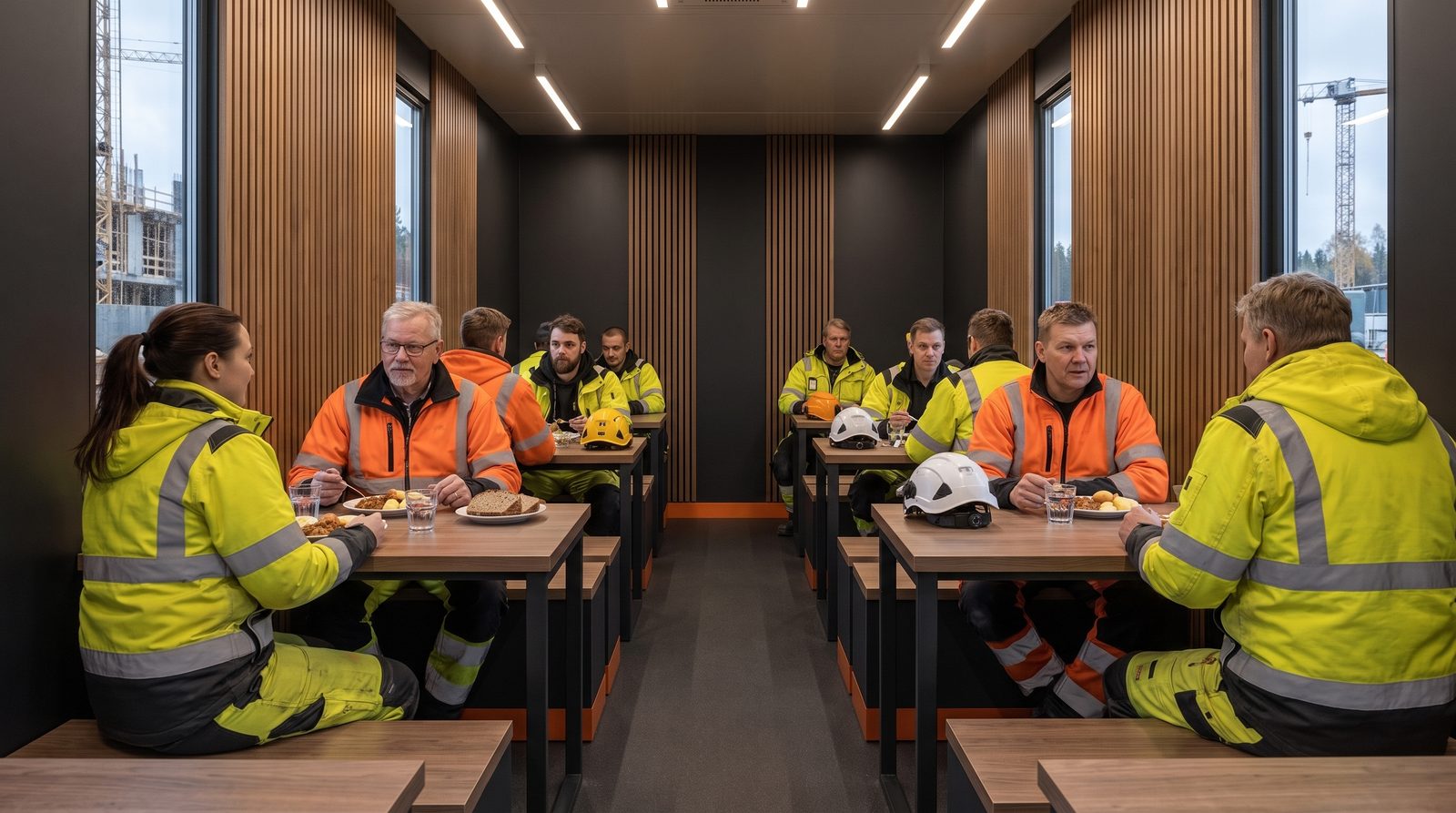 Työntekijät syövät lounasta Trucktoryn ruokailutilassa