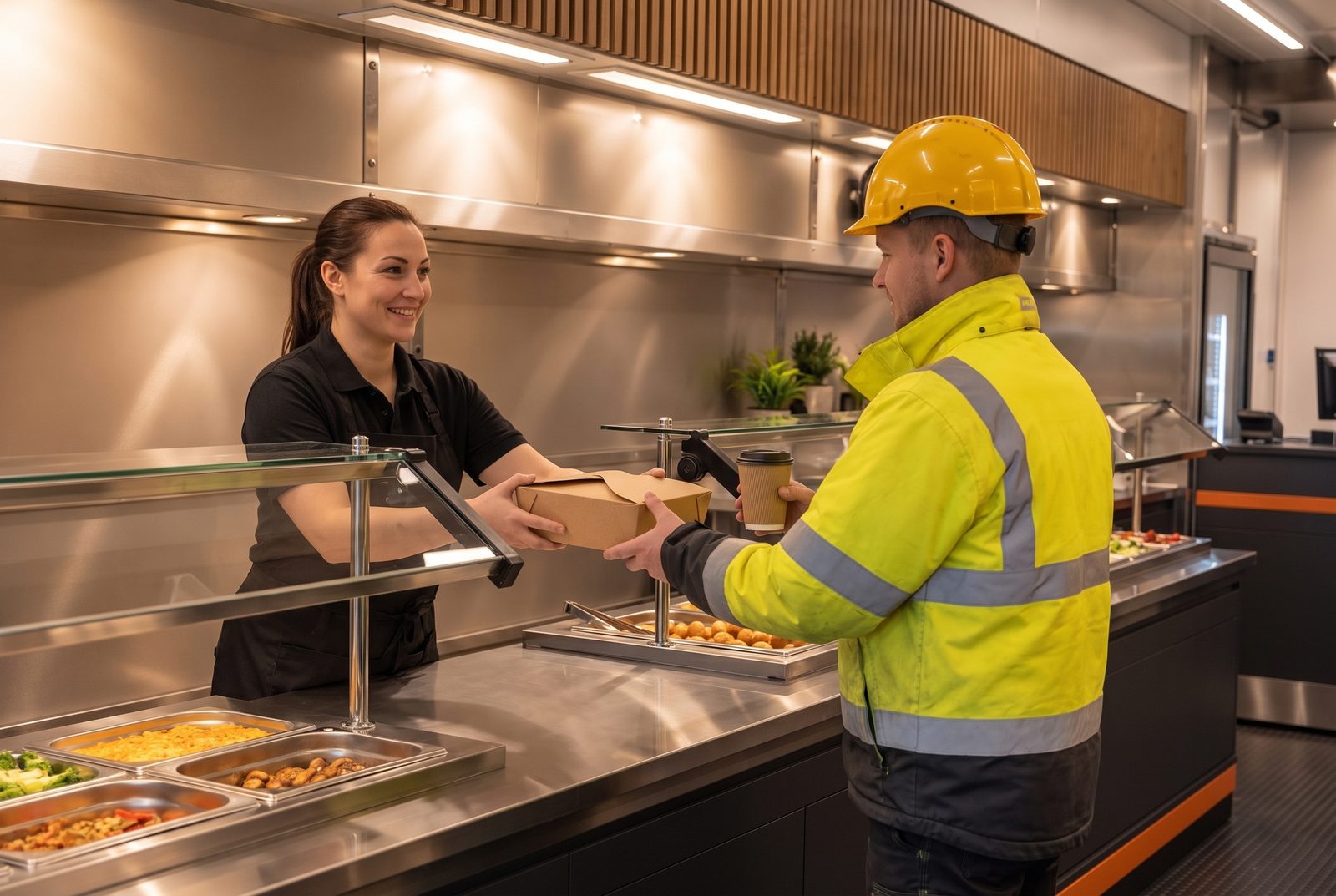 Työntekijä noutaa takeaway-lounaan palvelutiskiltä