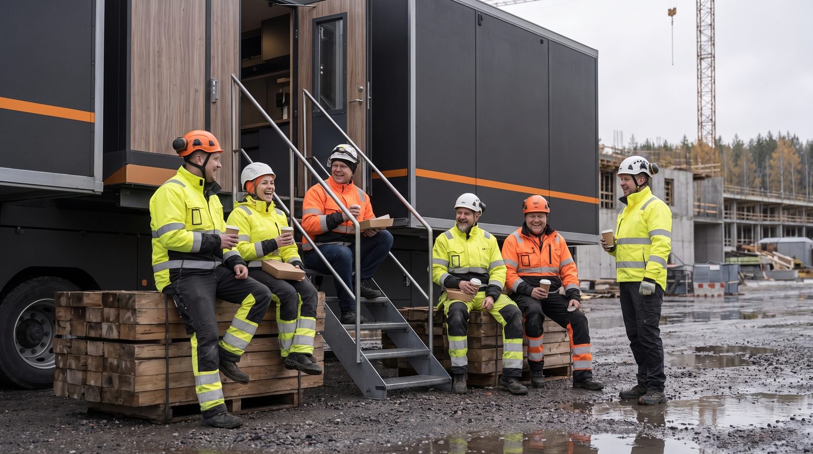Työntekijät kahvitauolla rekan portailla