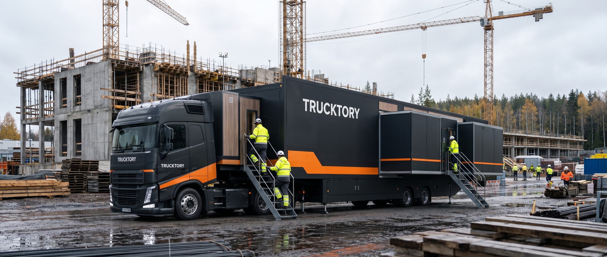 Laaja näkymä rakennustyömaalle, Trucktory-rekka pihan reunassa portaat alhaalla