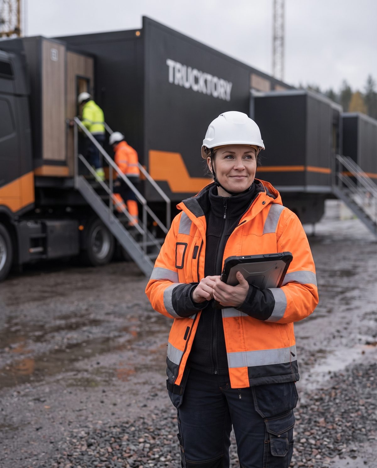 Työmaapäällikkö tabletti kädessä työmaalla, taustalla Trucktory-rekka
